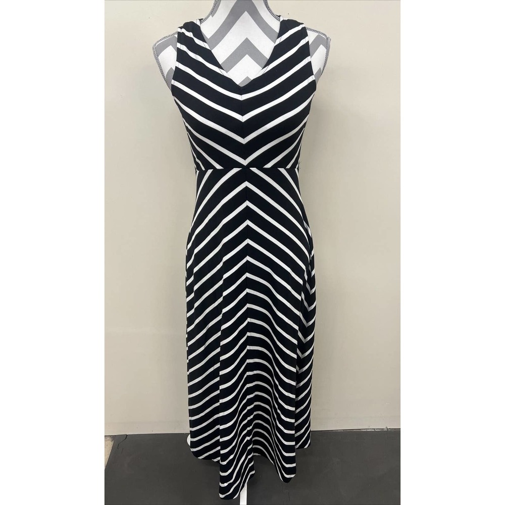 TALBOTS Petites KNIT JERSEYBlack & White Striped MAXI DRESS Pet. Small FS Chrty